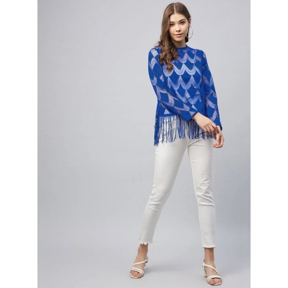 Women's Lace Self Design Long Sleeves Top — Blue