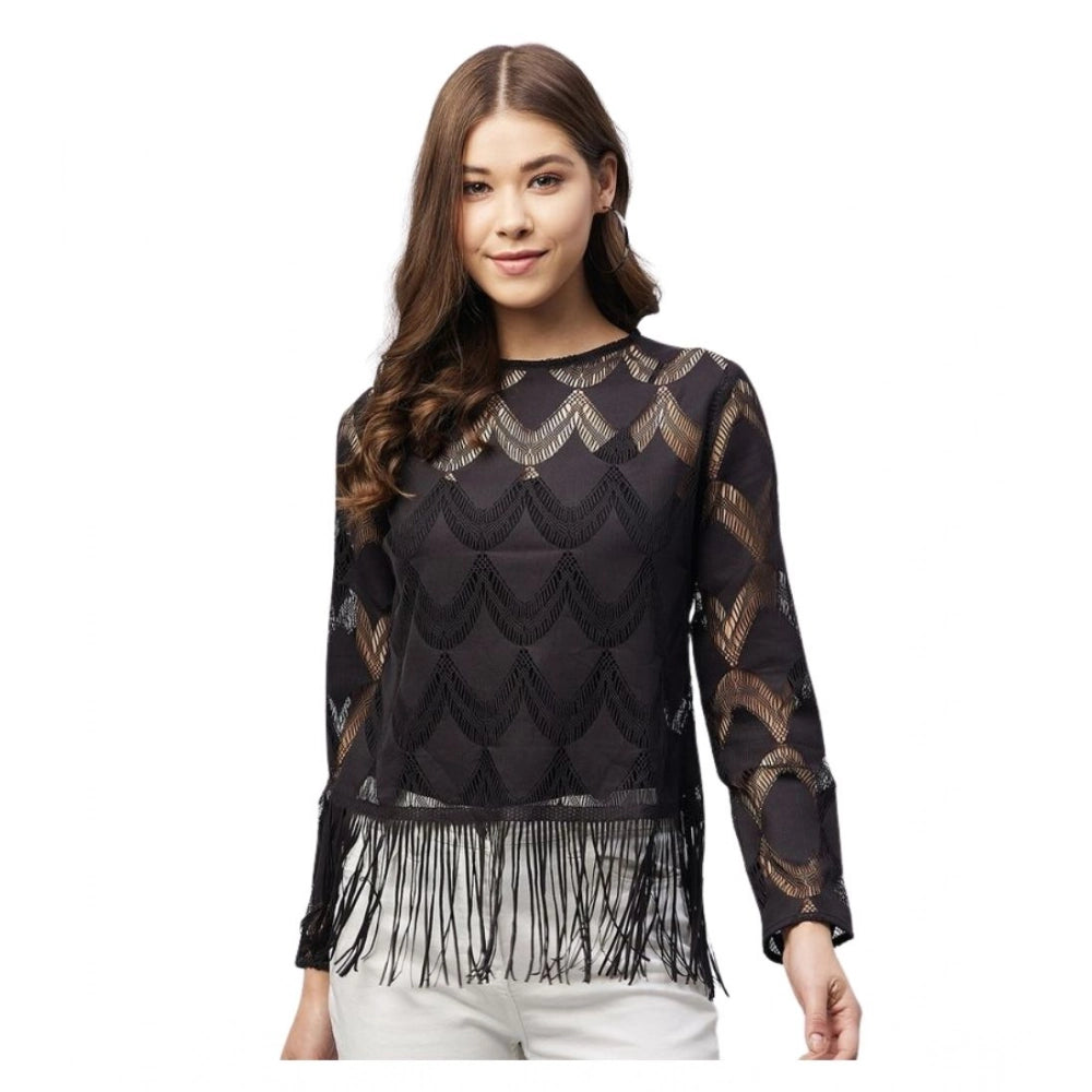 Women's Lace Self Design Short Sleeve Top — Black