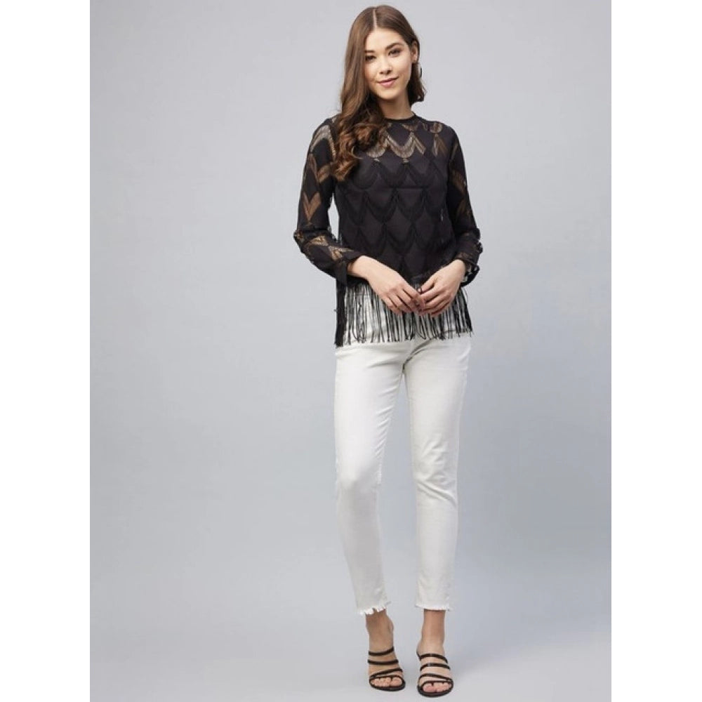 Women's Lace Self Design Short Sleeve Top — Black