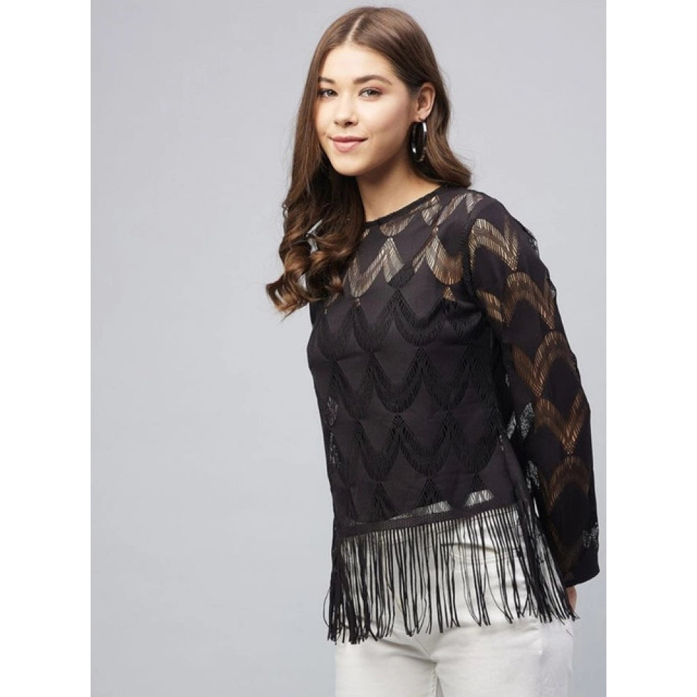 Women's Lace Self Design Short Sleeve Top — Black