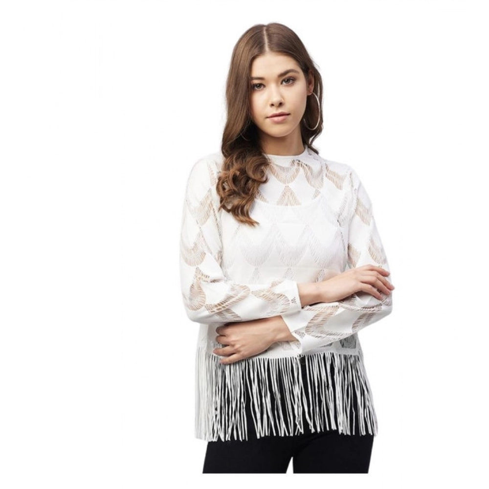 Women's Lace Self Design Short Sleeve Top — White