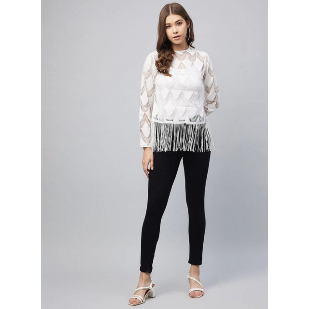 Women's Lace Self Design Short Sleeve Top — White