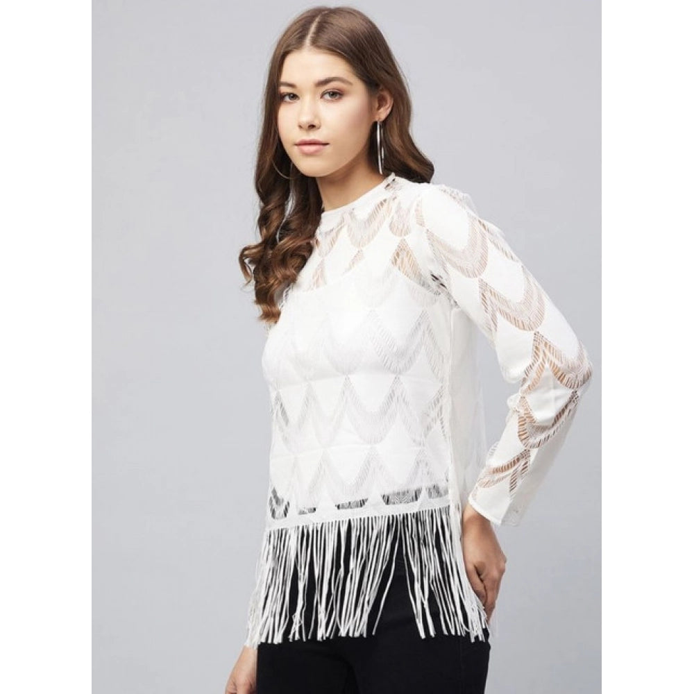 Women's Lace Self Design Short Sleeve Top — White