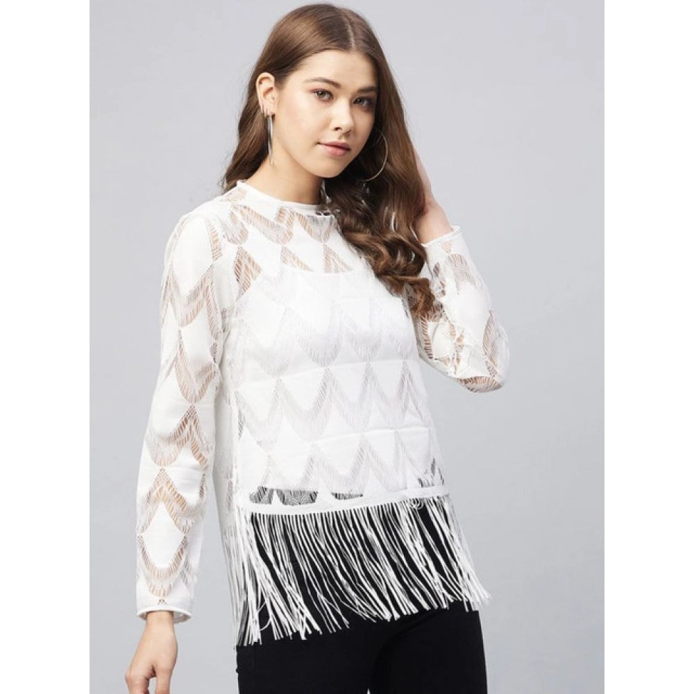 Women's Lace Self Design Short Sleeve Top — White