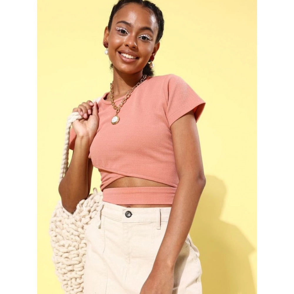 Women's Lycra Solid Short Sleeve Top — Pink · 53_L