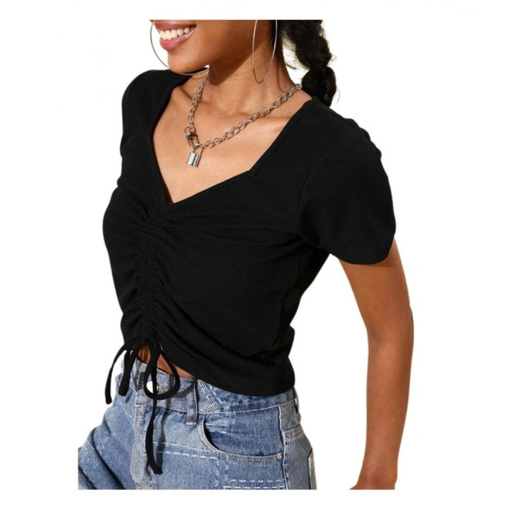 Women's Lycra Solid Short Sleeve Top — Black