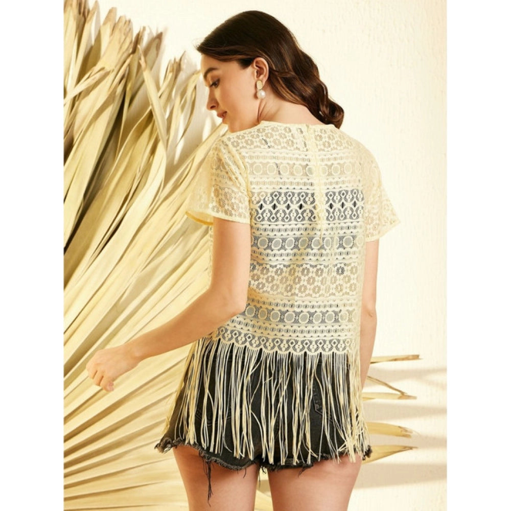 Women's Lace Self Design Short Sleeve Top — Yellow