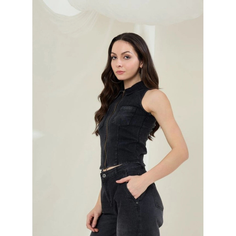 Women's Denim Lycra Solid Sleeveless Top — Black · 66_S