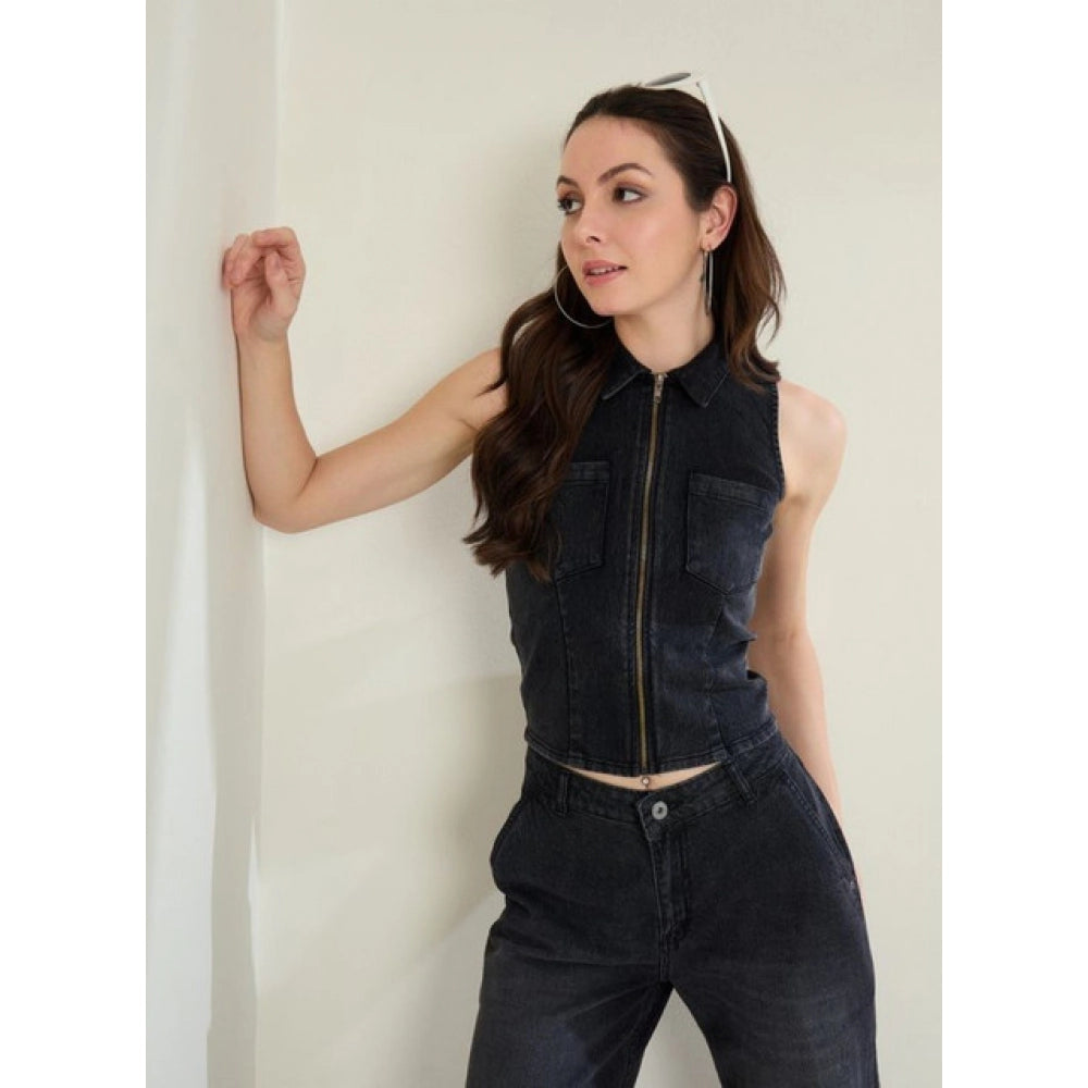 Women's Denim Lycra Solid Sleeveless Top — Black · 66_S
