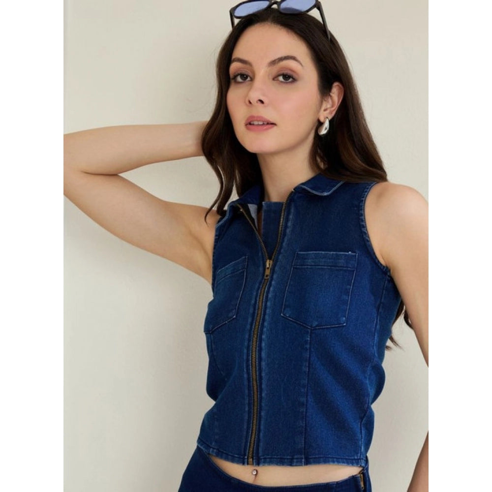 Women's Denim Lycra Solid Sleeveless Top — Blue · 67_L