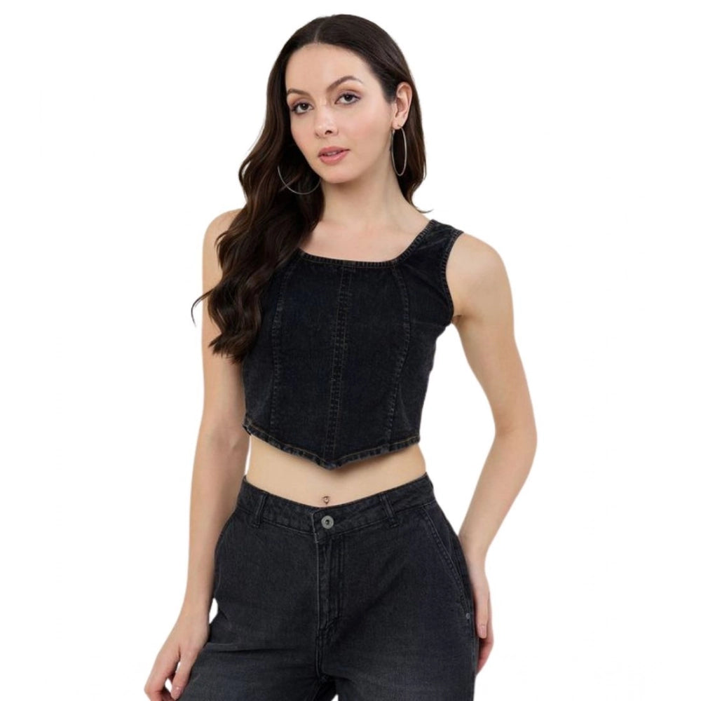 Women's Denim Lycra Solid Sleeveless Top — Black · 68_L