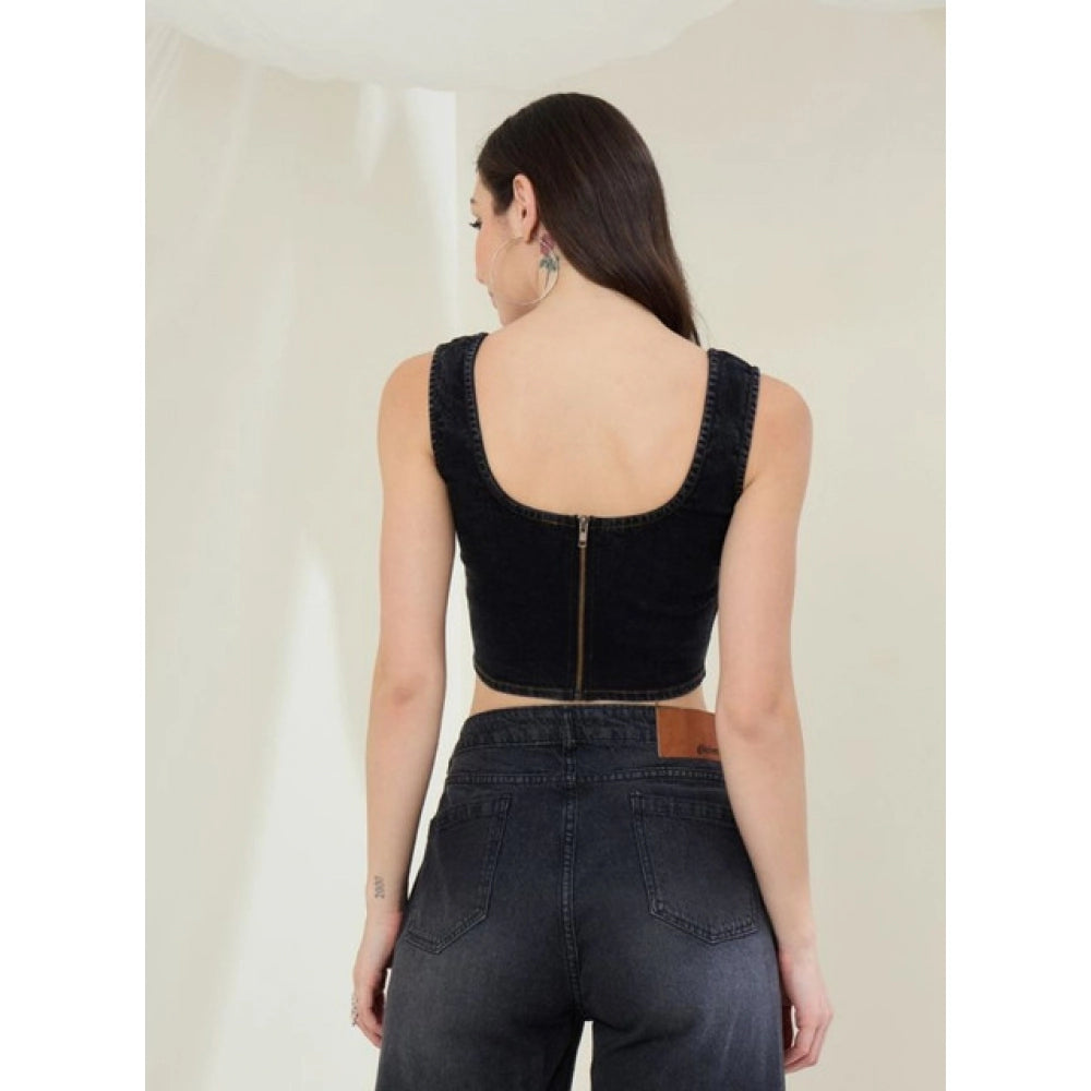 Women's Denim Lycra Solid Sleeveless Top — Black · 68_L
