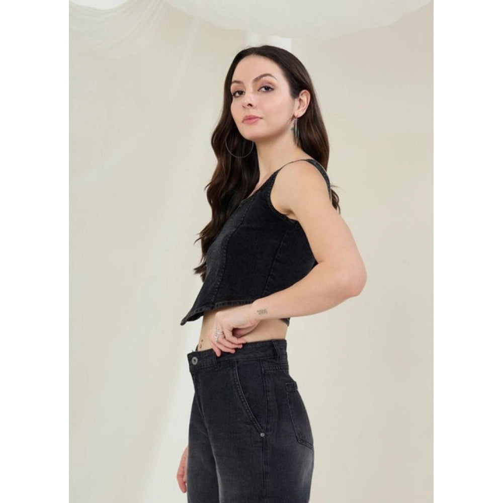 Women's Denim Lycra Solid Sleeveless Top — Black · 68_L