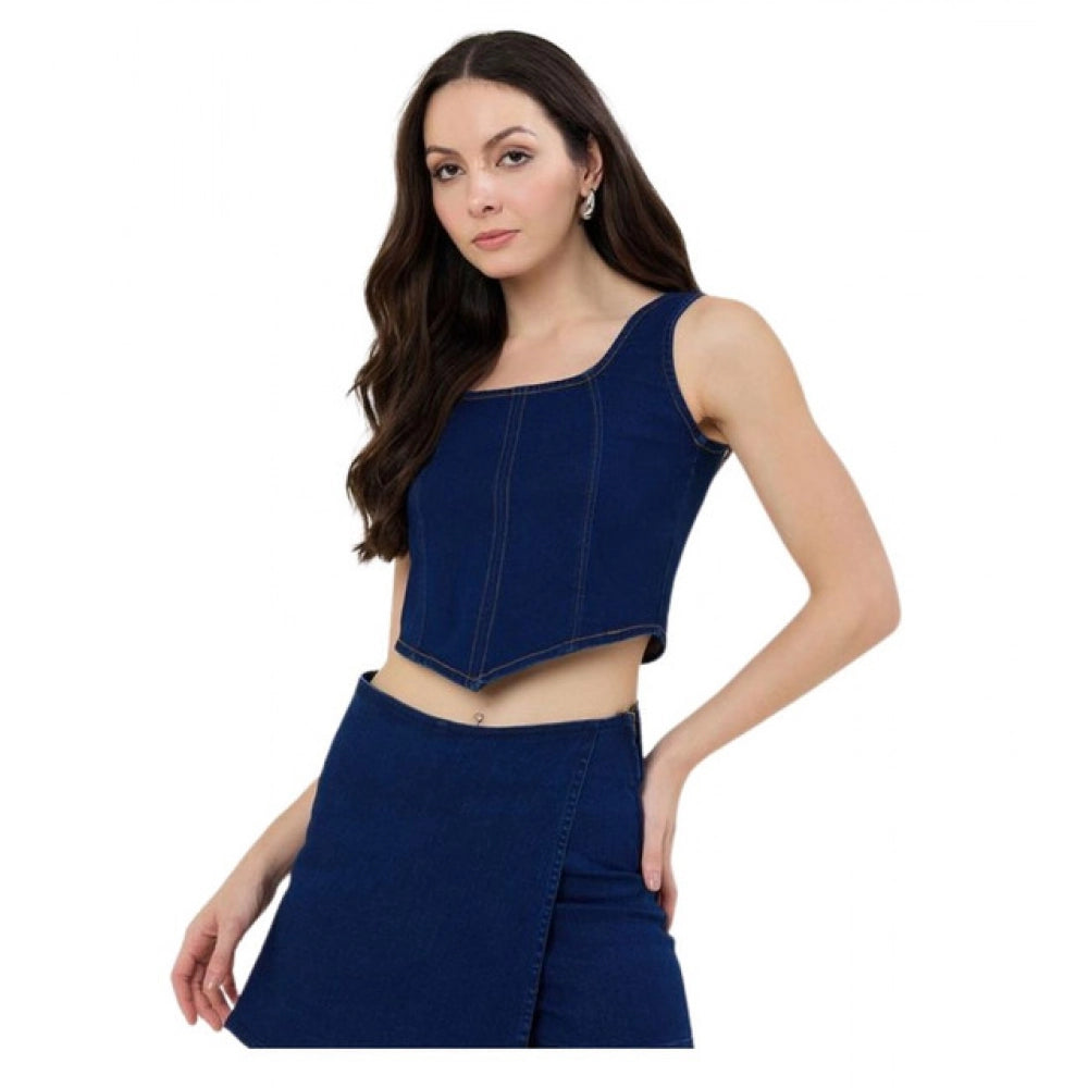 Women's Denim Lycra Solid Sleeveless Top — Blue · 69_L