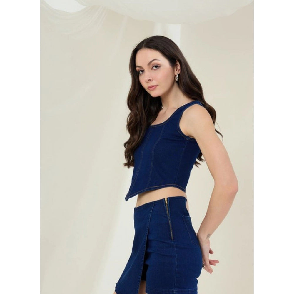 Women's Denim Lycra Solid Sleeveless Top — Blue · 69_L