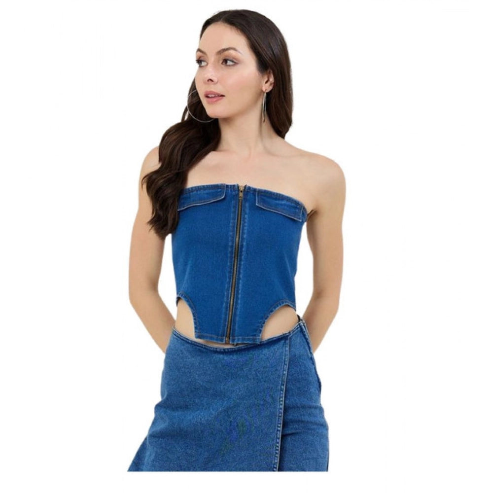 Women's Denim Lycra Solid Sleeveless Top — Blue · 70_L