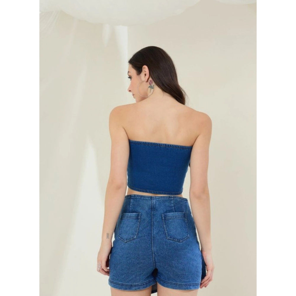 Women's Denim Lycra Solid Sleeveless Top — Blue · 70_L