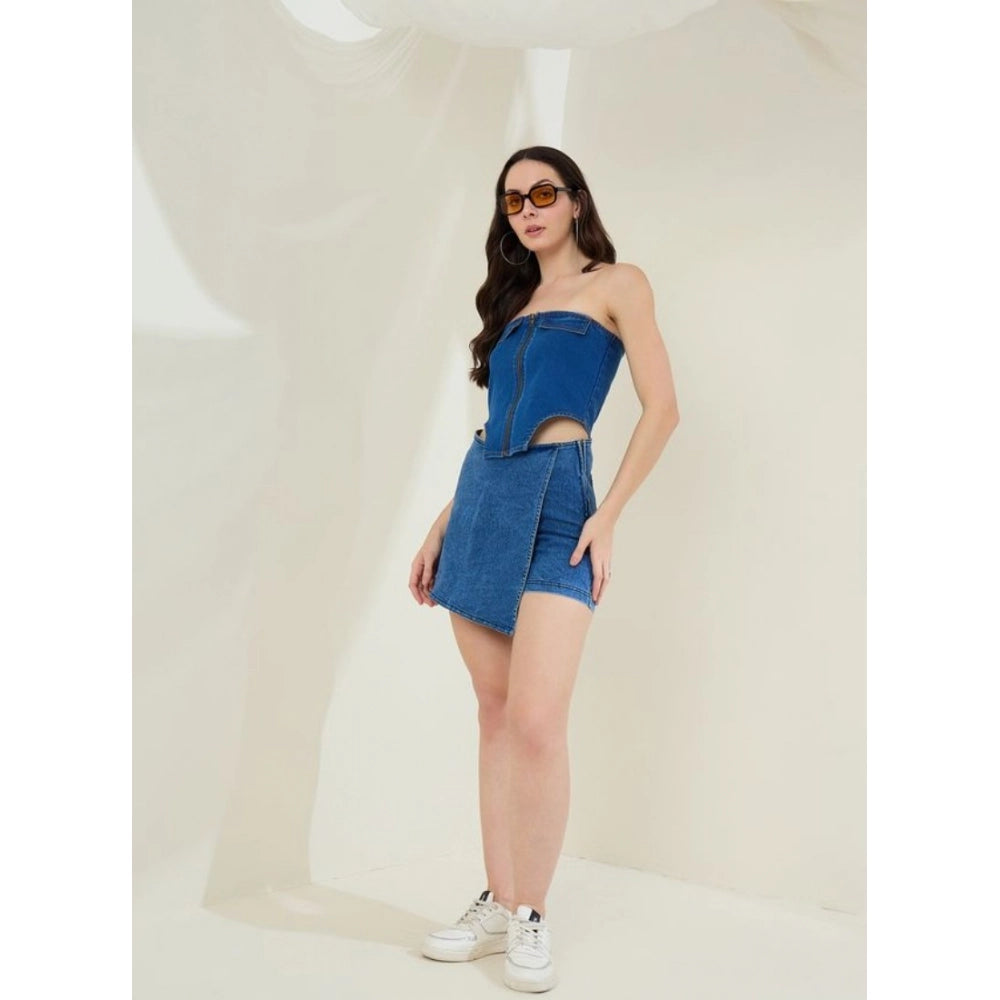 Women's Denim Lycra Solid Sleeveless Top — Blue · 70_L