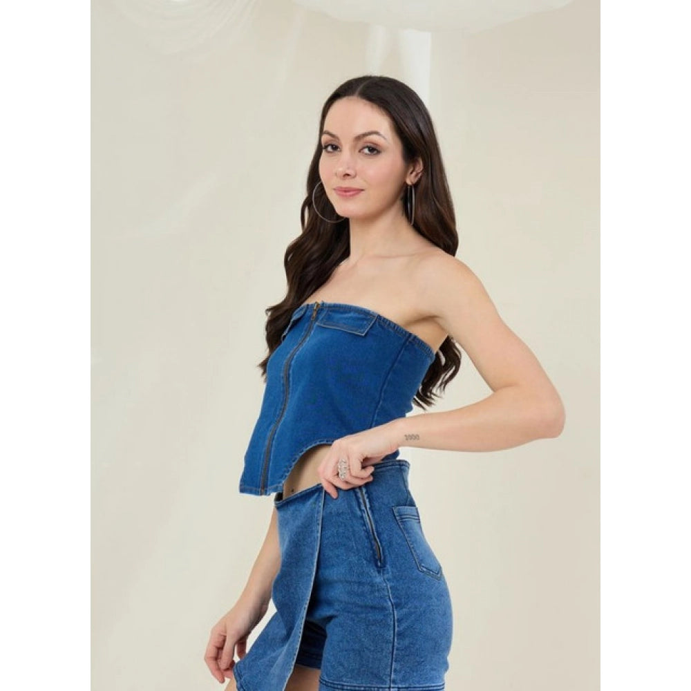 Women's Denim Lycra Solid Sleeveless Top — Blue · 70_L