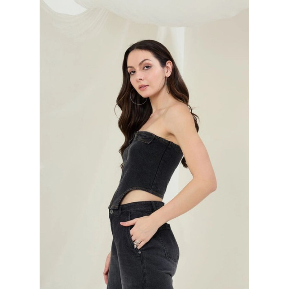 Women's Denim Lycra Solid Sleeveless Top — Black · 71_L