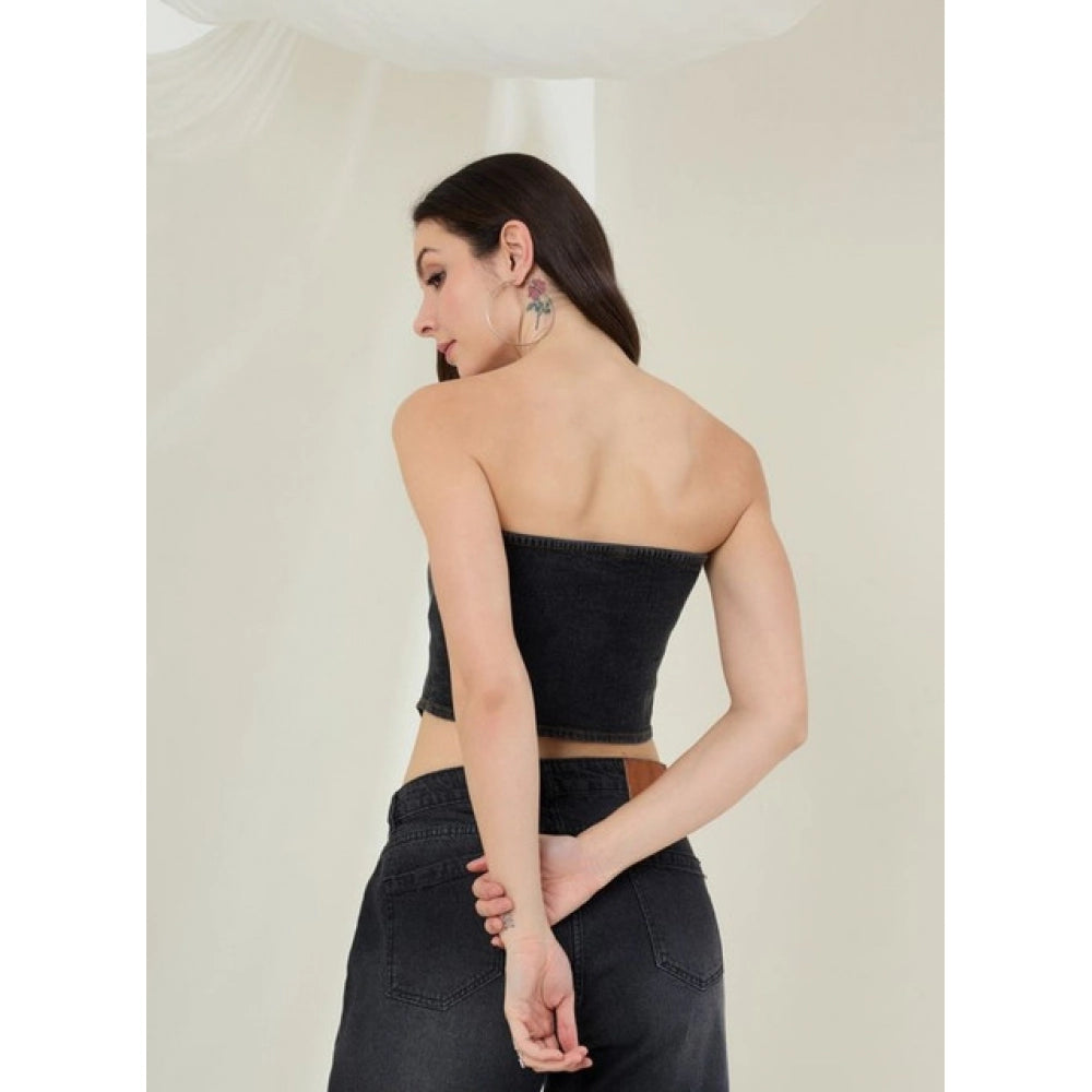 Women's Denim Lycra Solid Sleeveless Top — Black · 71_L
