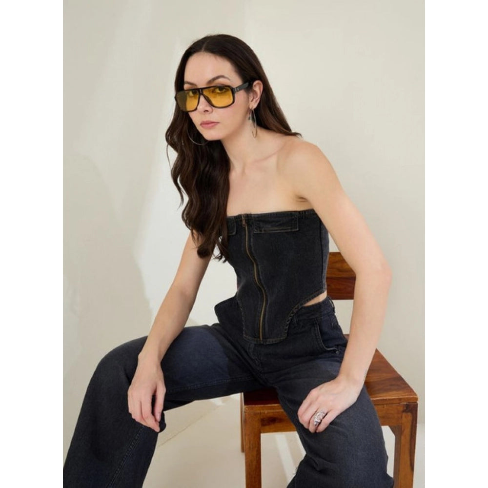 Women's Denim Lycra Solid Sleeveless Top — Black · 71_L