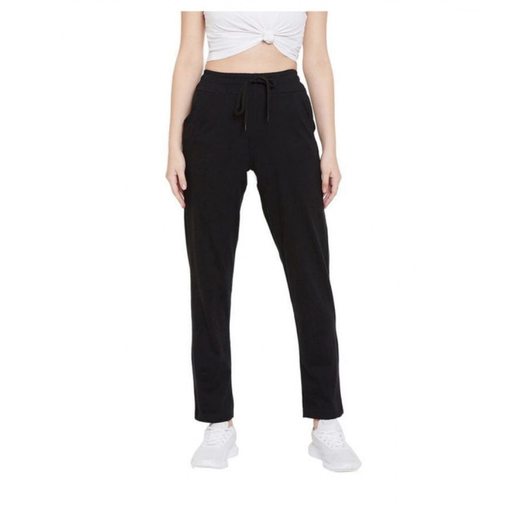 Women's Cotton Solid Elasticated Track Pants — Black