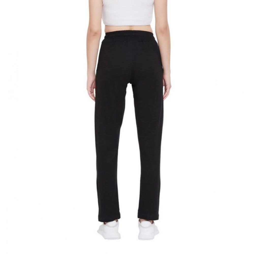 Women's Cotton Solid Elasticated Track Pants — Black