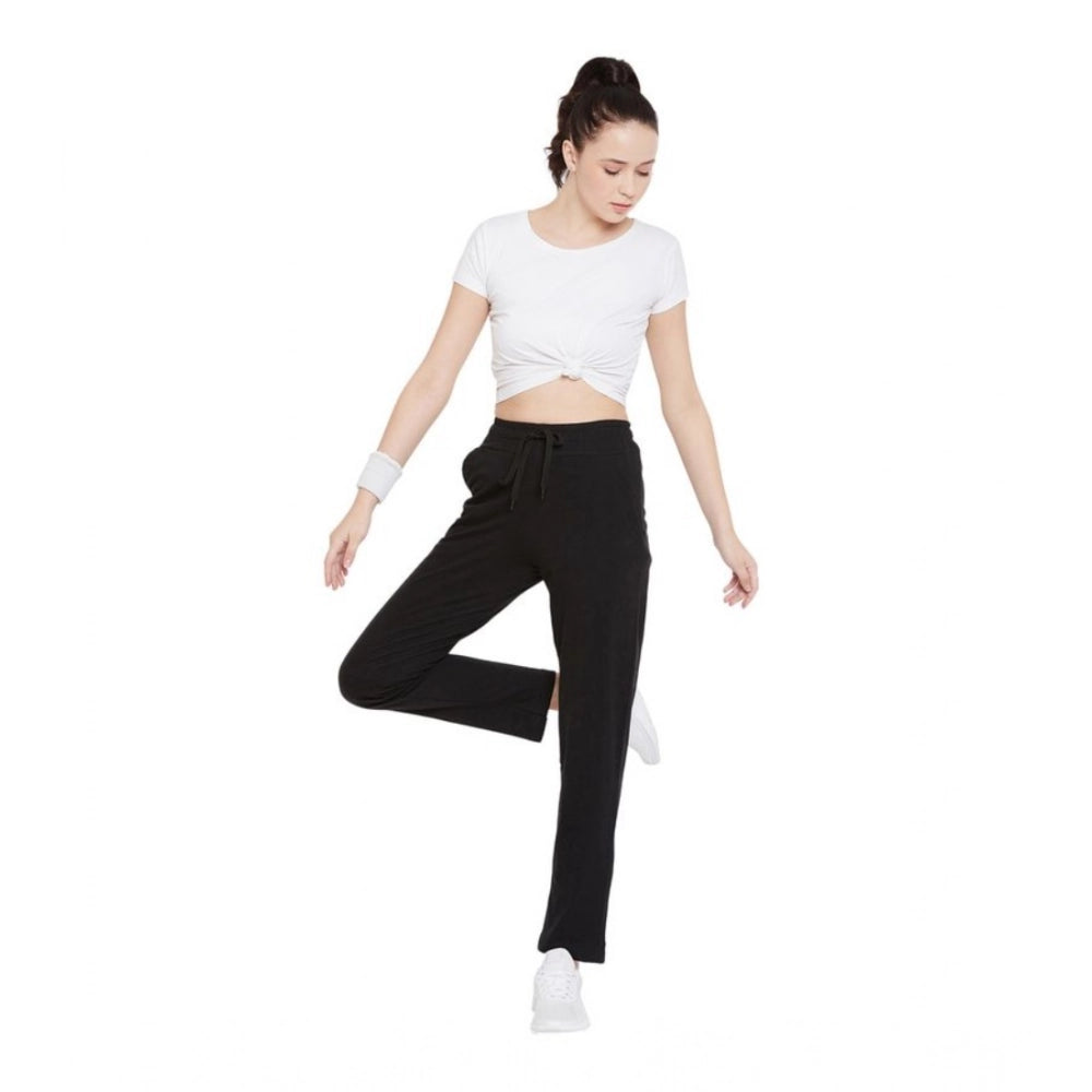 Women's Cotton Solid Elasticated Track Pants — Black