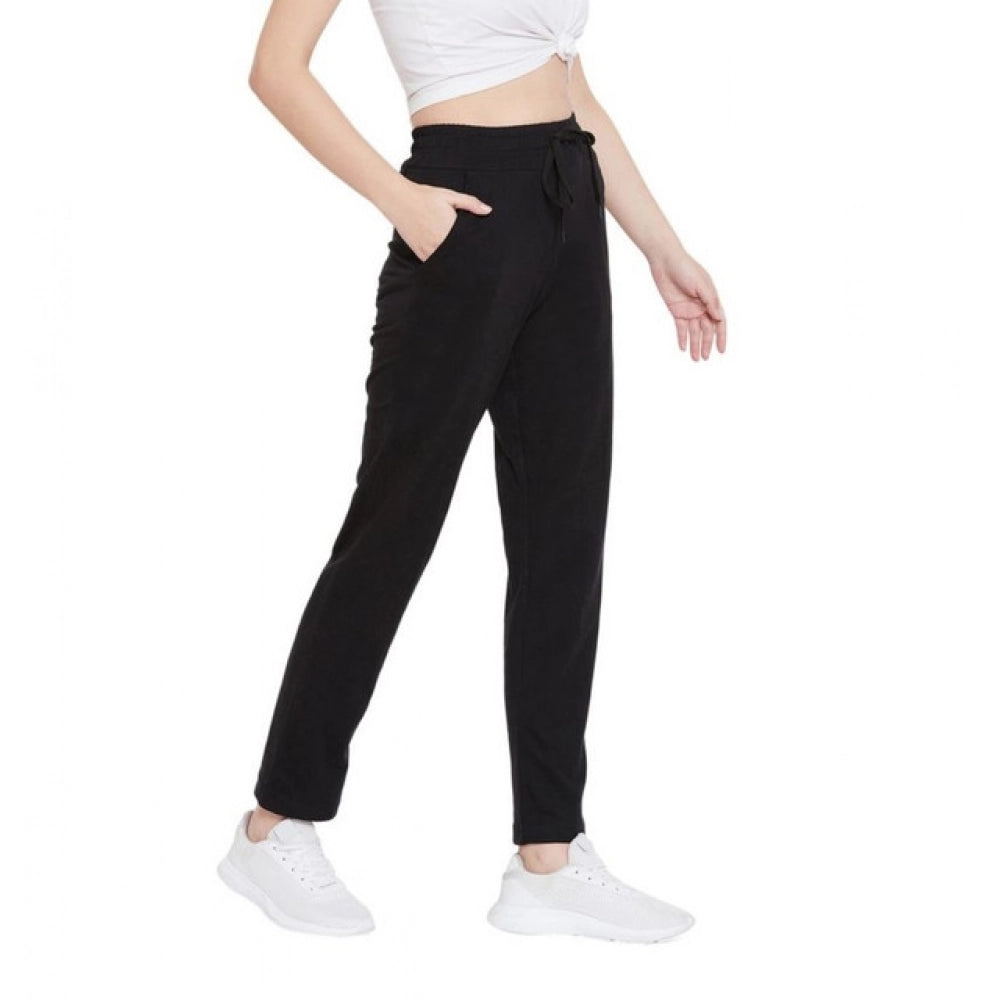 Women's Cotton Solid Elasticated Track Pants — Black