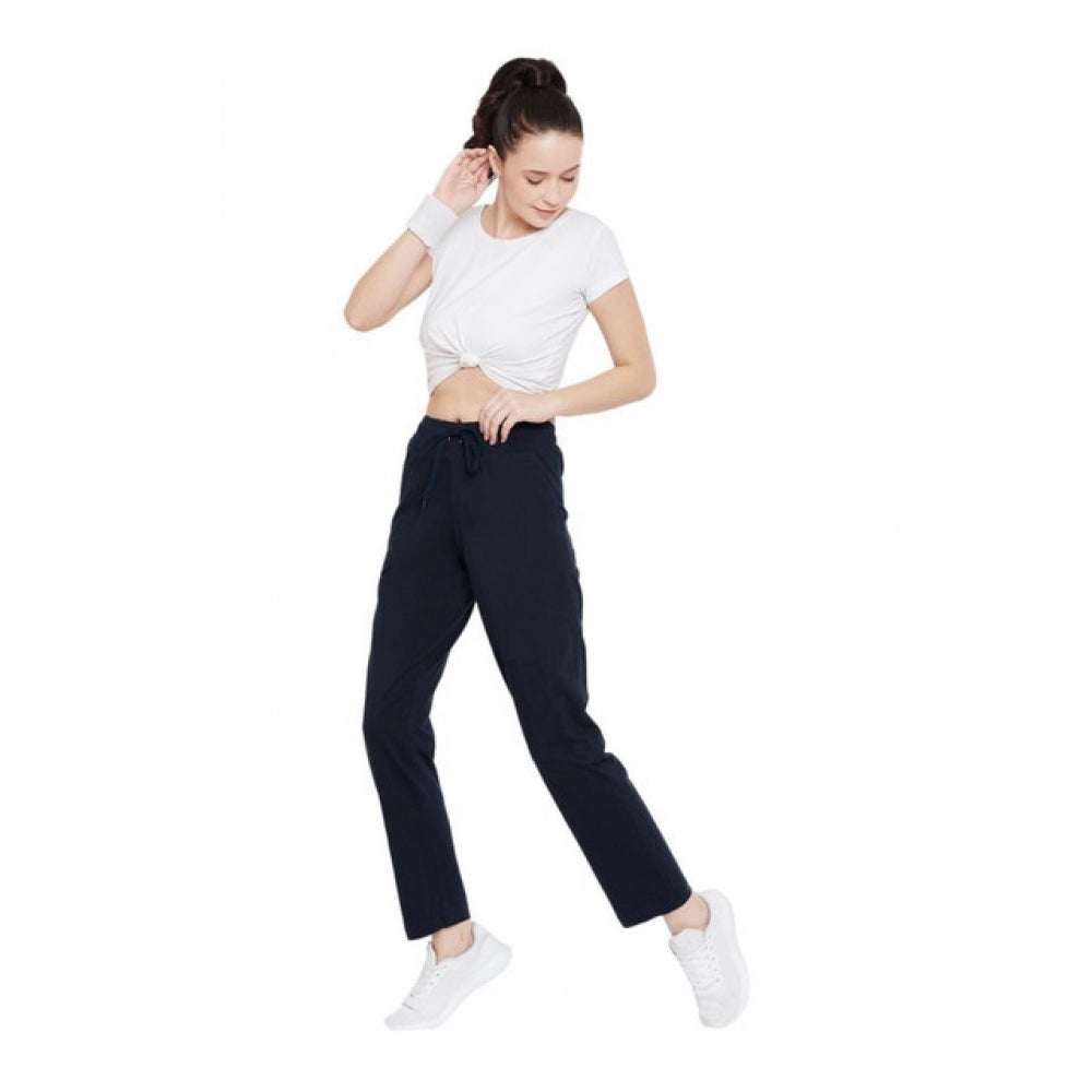 Women's Cotton Solid Elasticated Track Pants — Navy