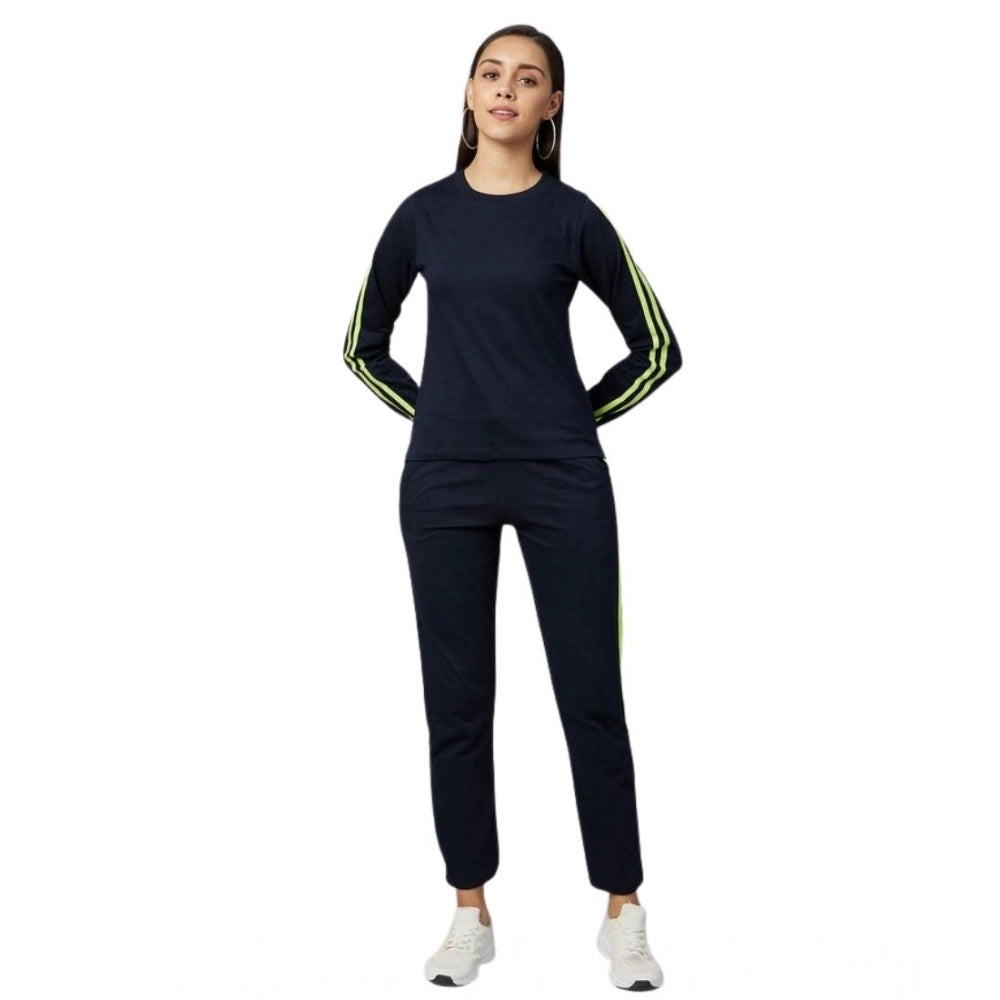 Women's Cotton Solid Long Sleeves Tracksuit — Navy - Green