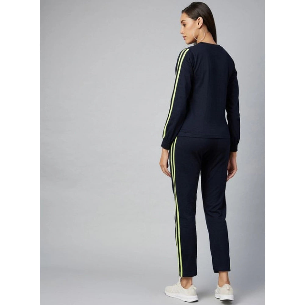 Women's Cotton Solid Long Sleeves Tracksuit — Navy - Green
