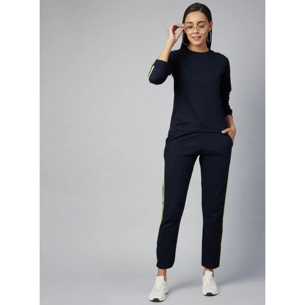 Women's Cotton Solid Long Sleeves Tracksuit — Navy - Green