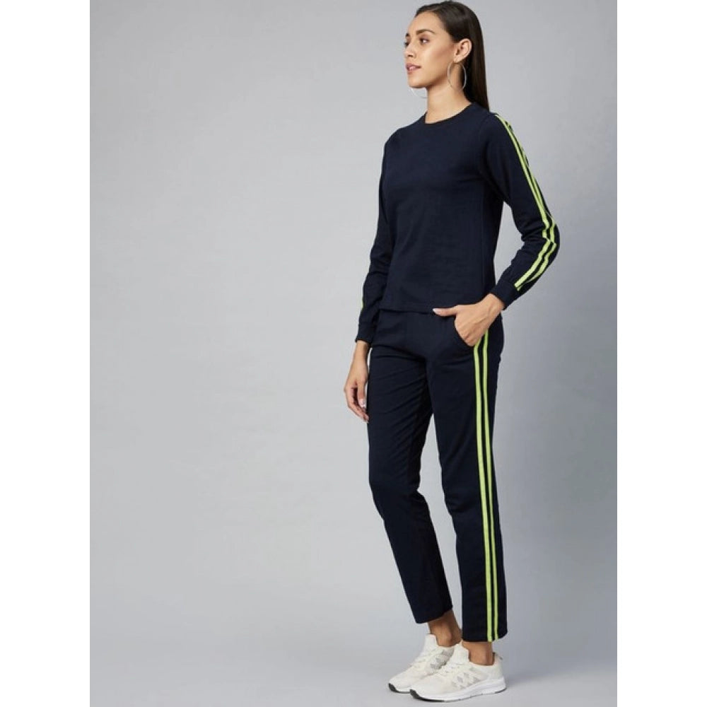 Women's Cotton Solid Long Sleeves Tracksuit — Navy - Green
