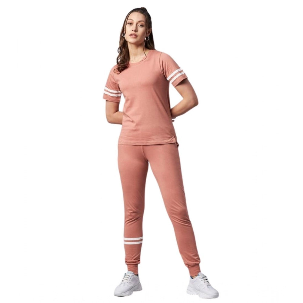 Women's Cotton Striped Short Sleeve Tracksuit — Pink