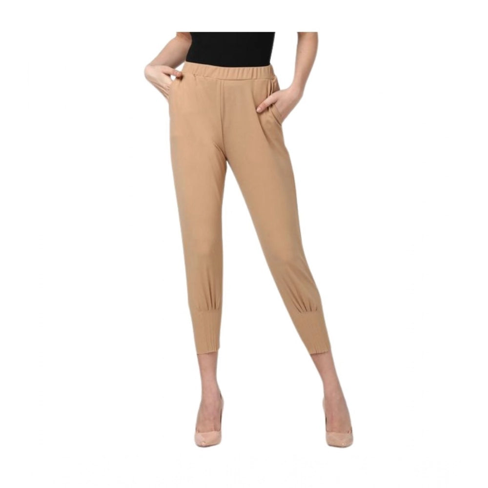 Women's Solid Elasticated Trousers — Beige
