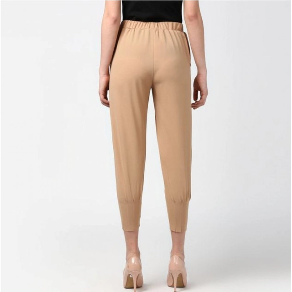 Women's Solid Elasticated Trousers — Beige