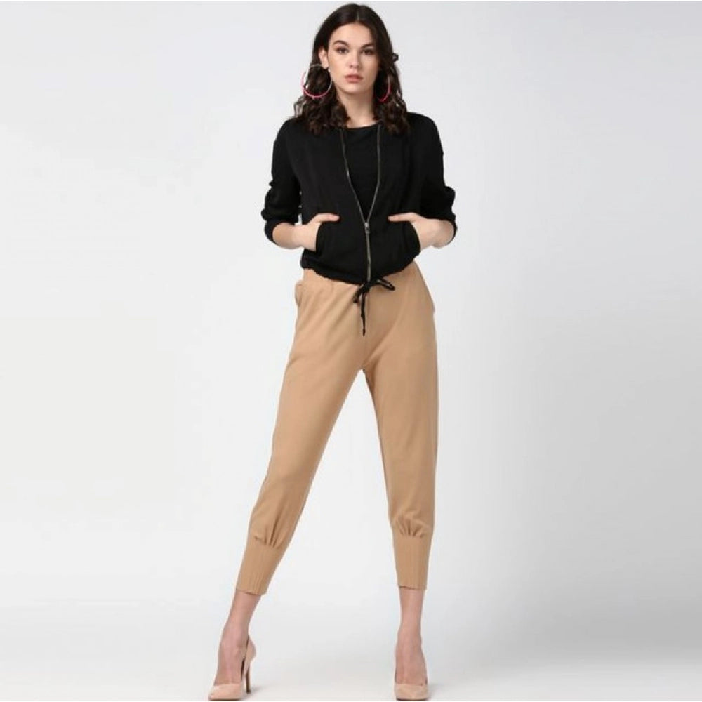 Women's Solid Elasticated Trousers — Beige