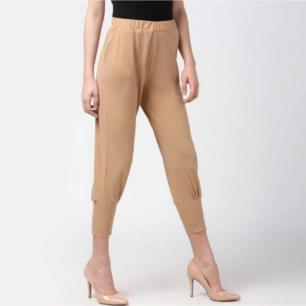 Women's Solid Elasticated Trousers — Beige