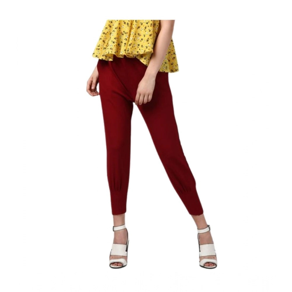 Women's Solid Elasticated Trousers — Maroon