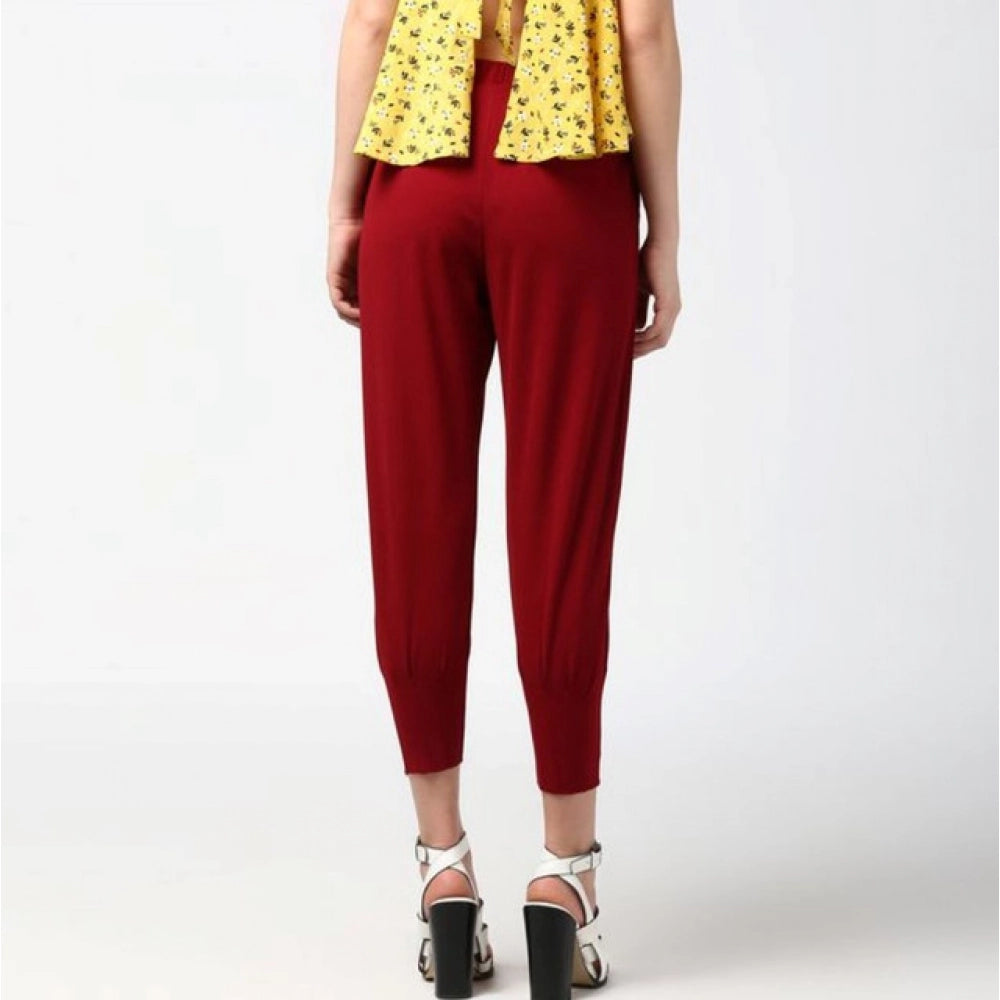 Women's Solid Elasticated Trousers — Maroon