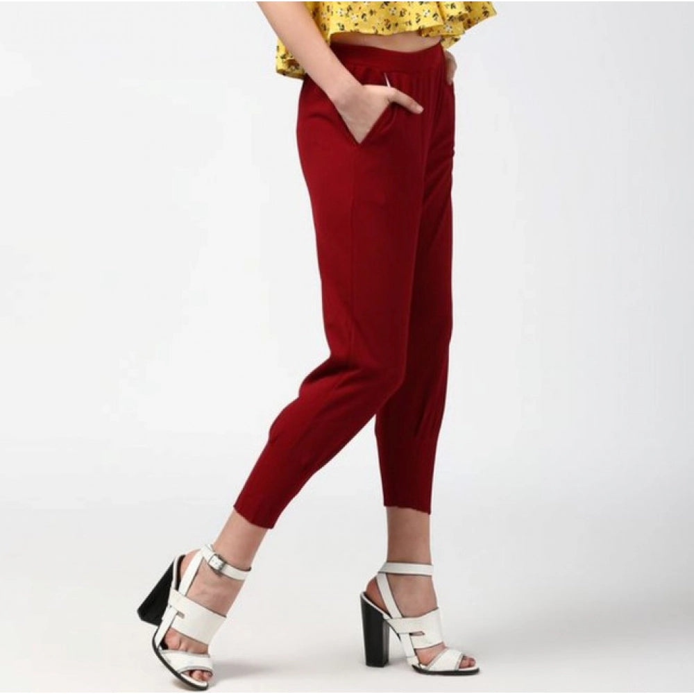 Women's Solid Elasticated Trousers — Maroon