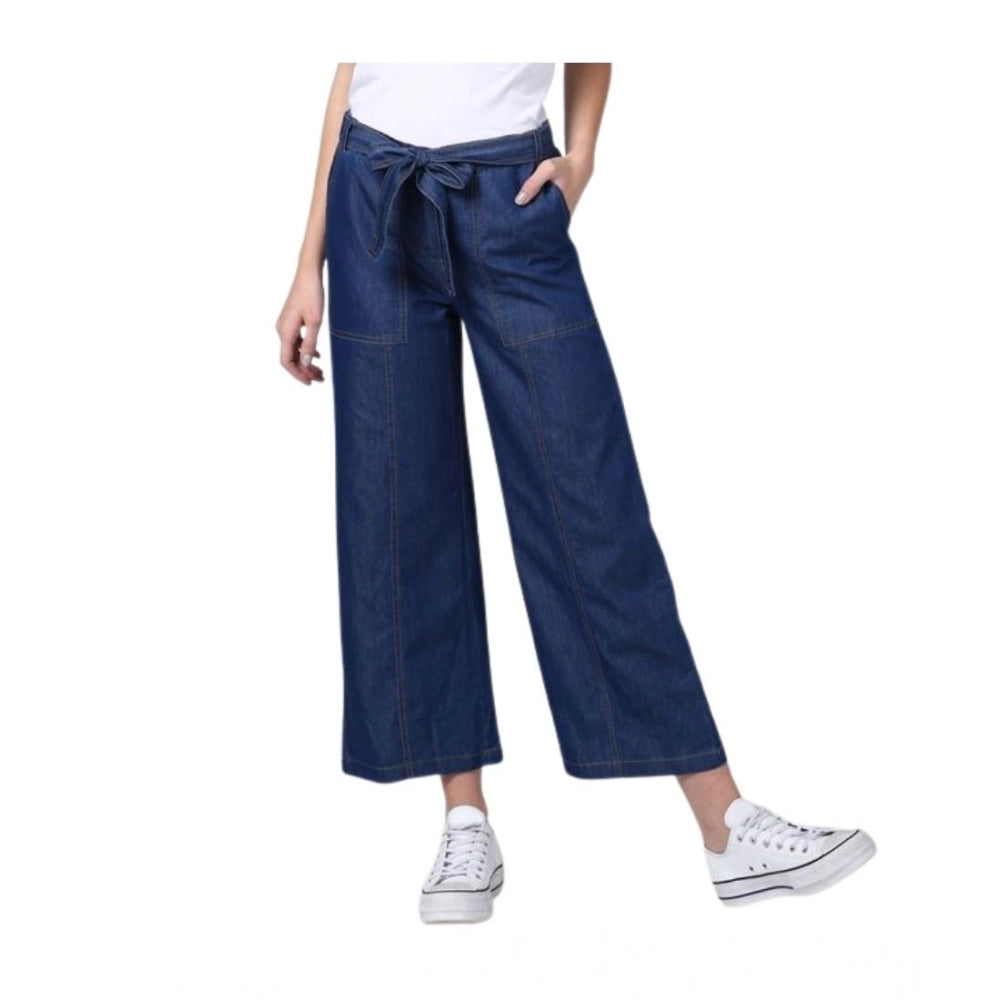 Women's Denim Solid Elasticated Trousers — Blue