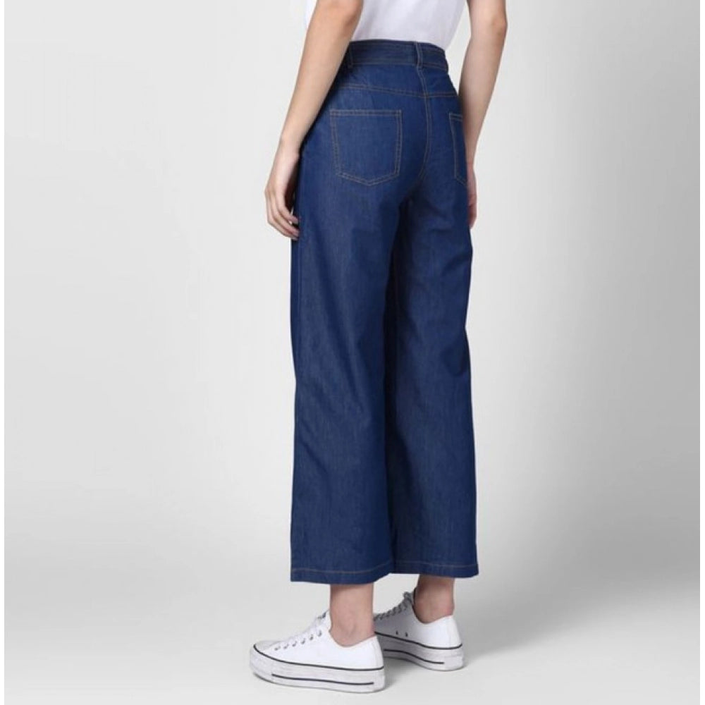 Women's Denim Solid Elasticated Trousers — Blue