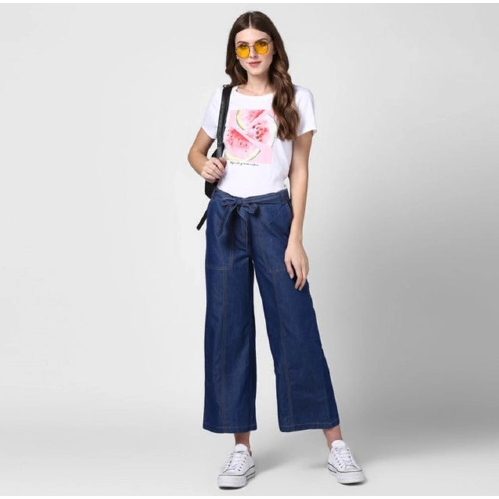 Women's Denim Solid Elasticated Trousers — Blue