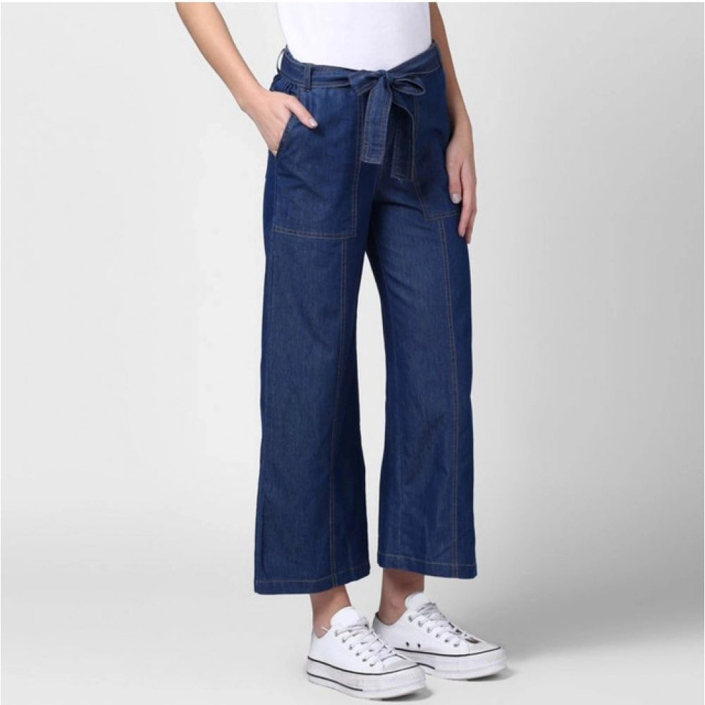 Women's Denim Solid Elasticated Trousers — Blue
