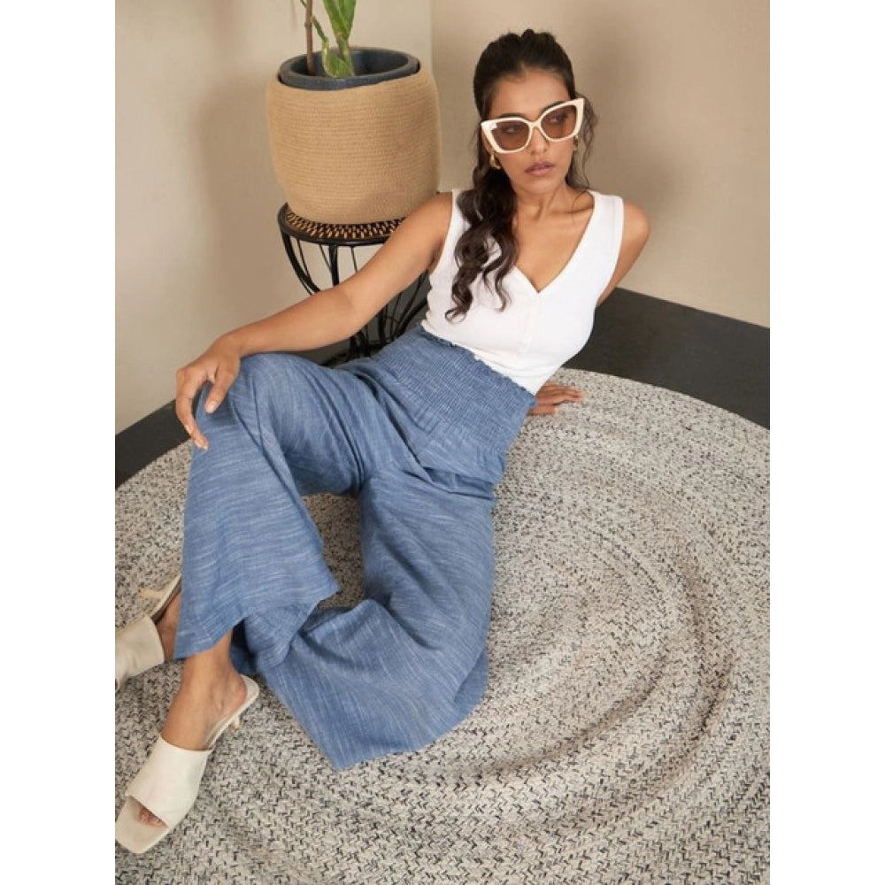 Women's Cotton Self Design Smocked Trousers — Blue