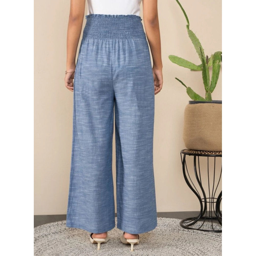 Women's Cotton Self Design Smocked Trousers — Blue