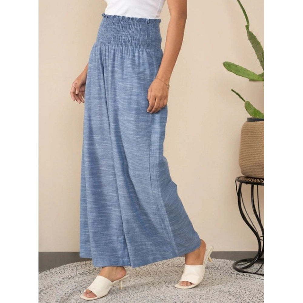 Women's Cotton Self Design Smocked Trousers — Blue